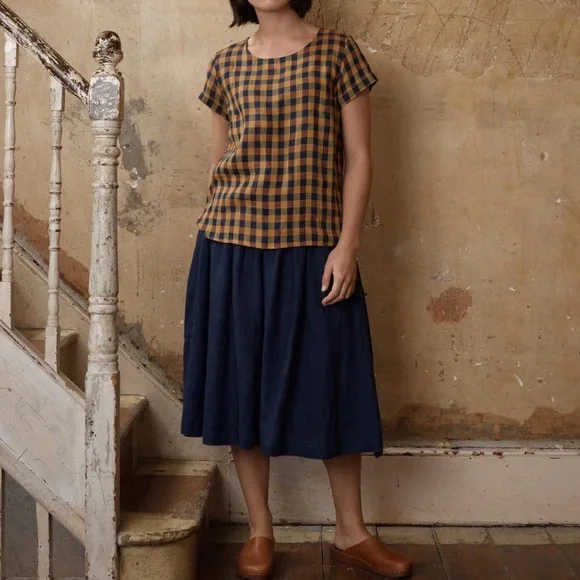 Pyne & Smith Blouse No.14 Linen T-shirt yellow gingham check - Picture 7 of 7